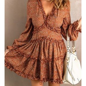 Lulus Womens orange Bubble Sleeve Floral Ruffle Dress Mini v neck tiered Xsmall